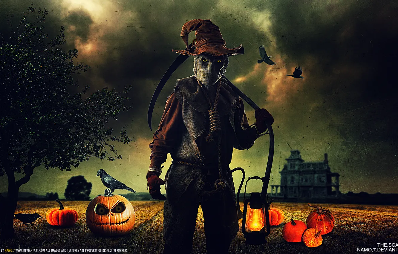 Photo wallpaper eyes, danger, lamp, home, hat, pumpkin, crows, braid