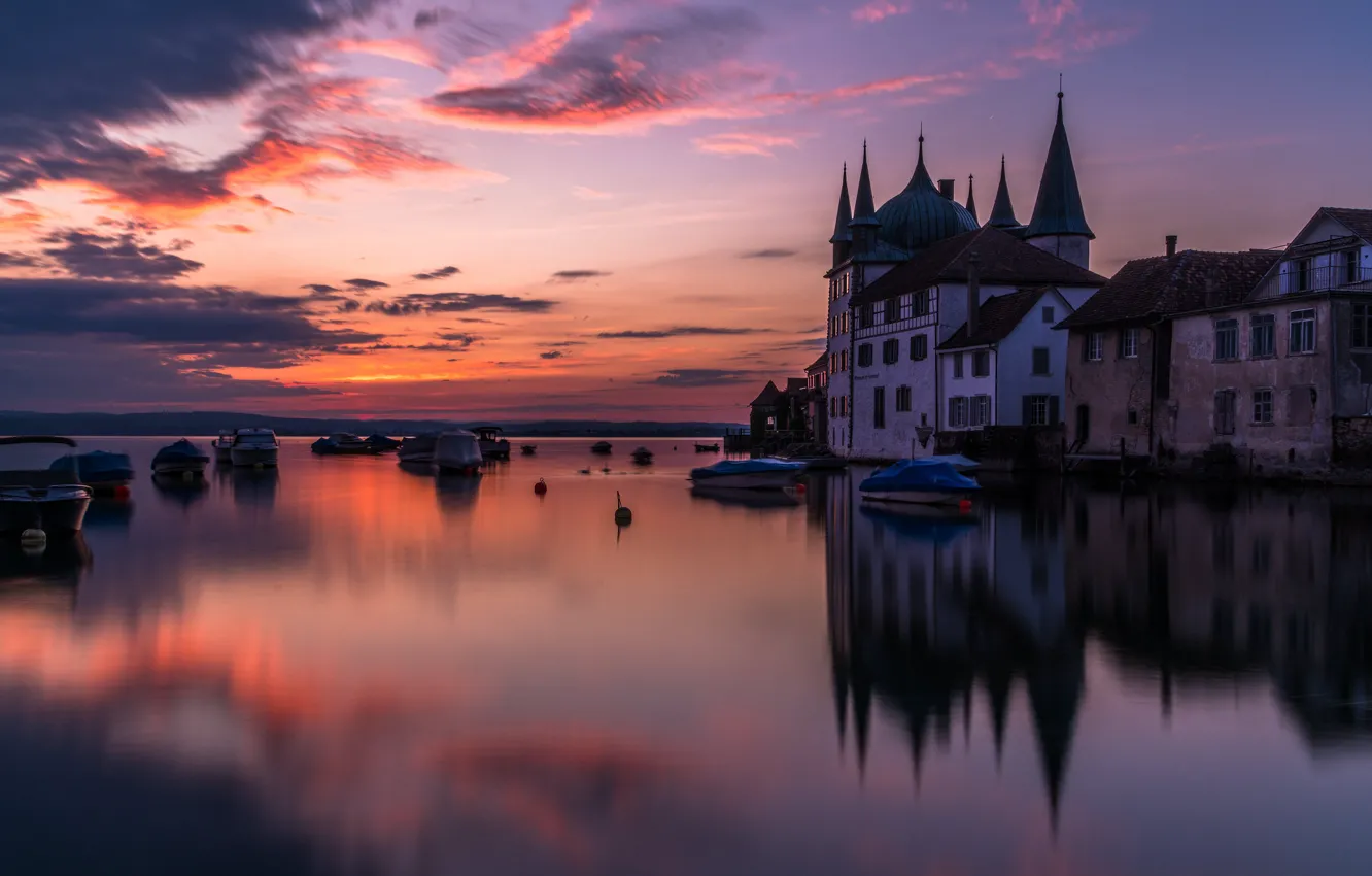 Photo wallpaper sunset, reflection, castle, shore, home, boats, architecture, twilight