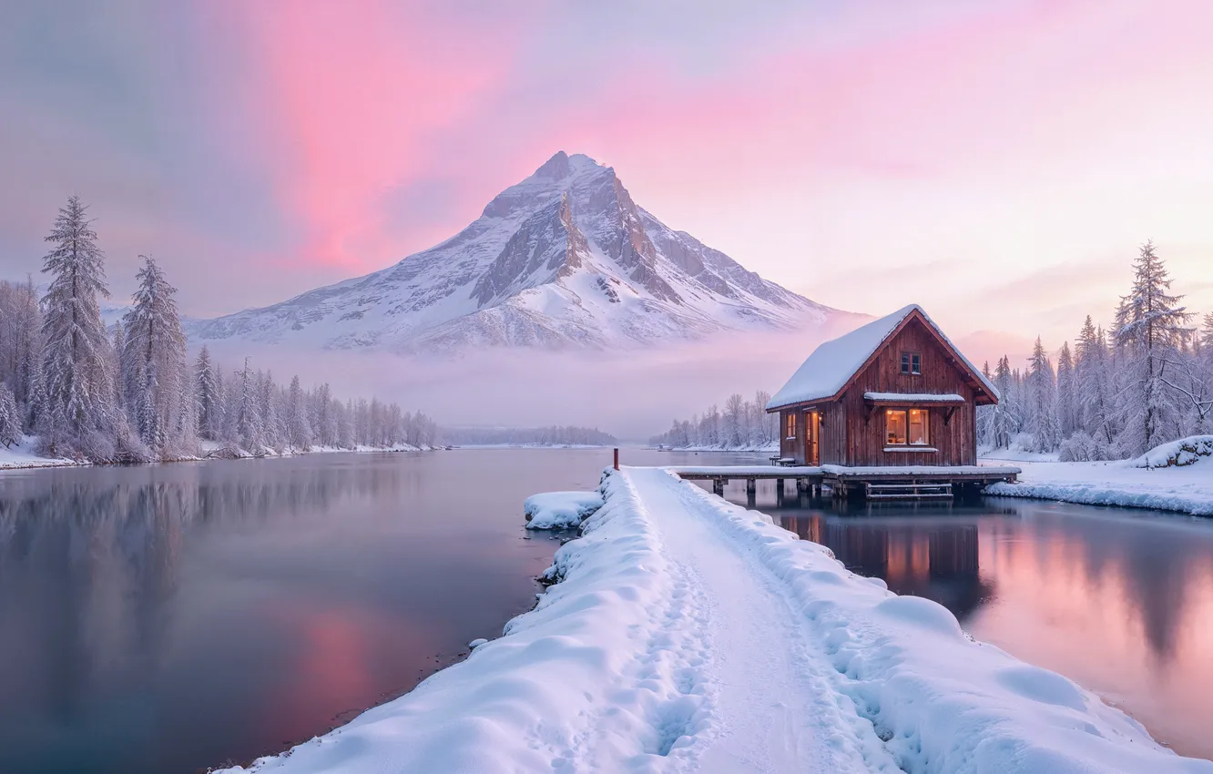 Photo wallpaper winter, forest, snow, mountains, river, tree, house, house