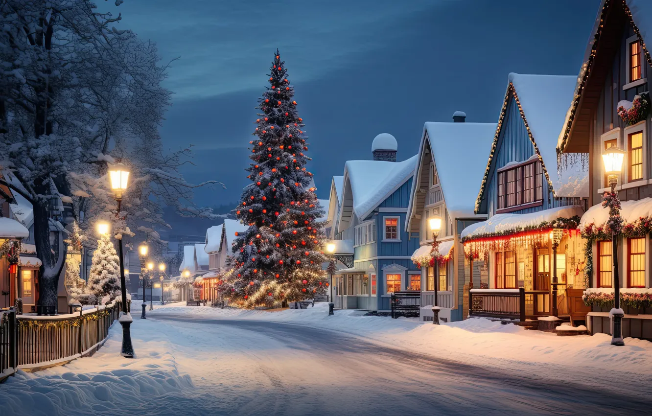Photo wallpaper winter, snow, decoration, night, the city, lights, street, tree