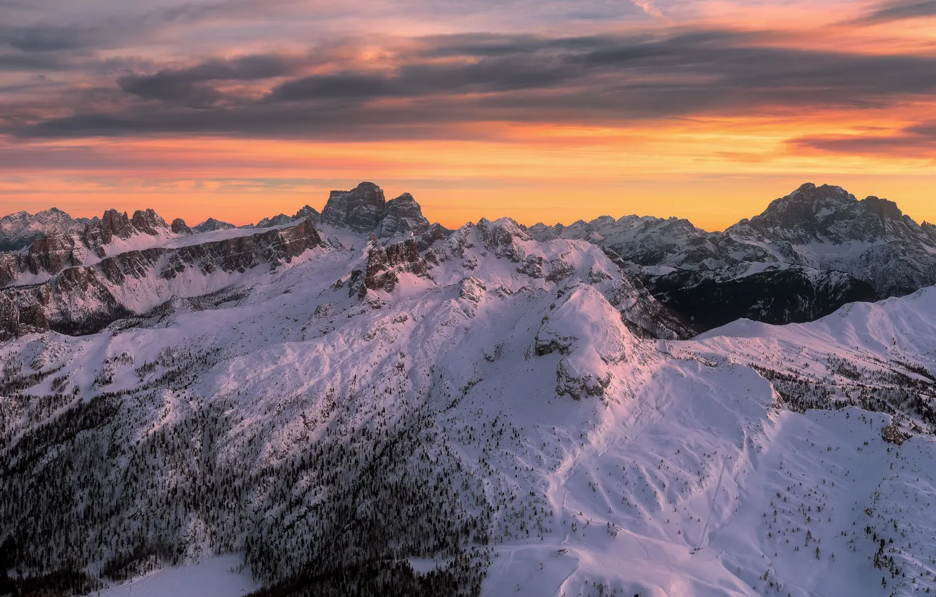 Photo wallpaper winter, the sky, clouds, snow, sunset, mountains, dawn, the slopes