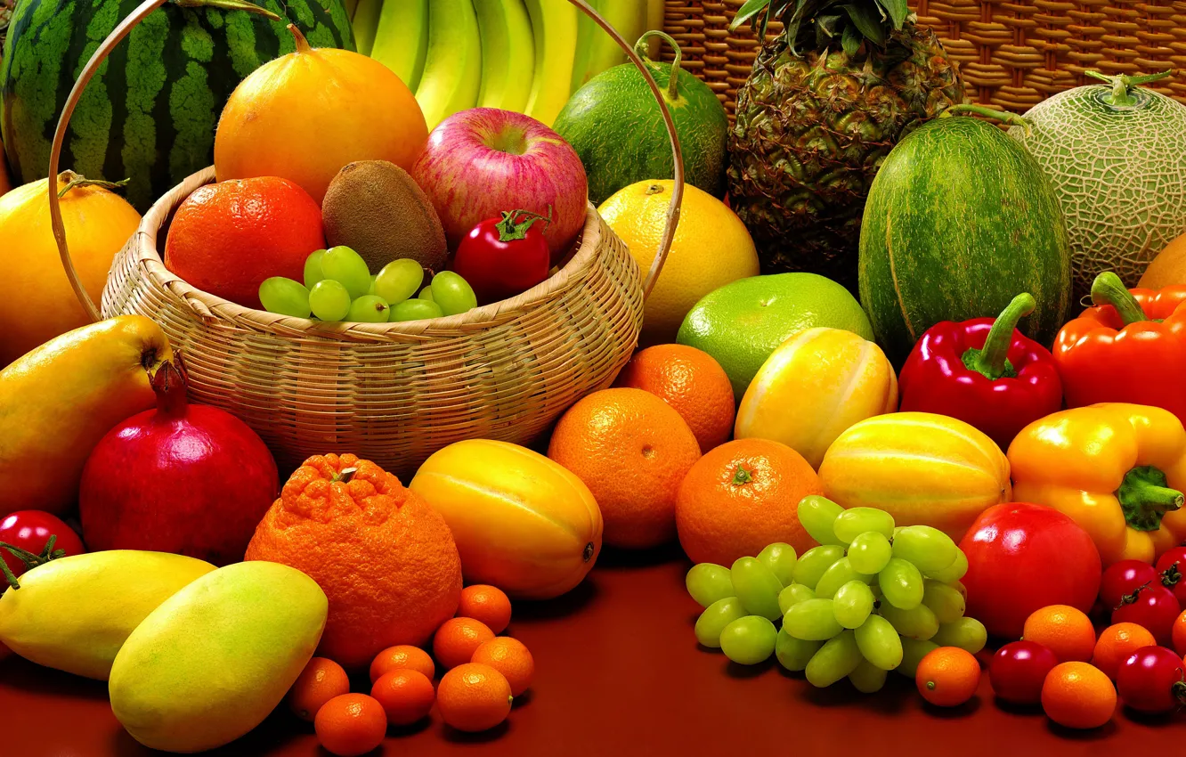 Photo wallpaper watermelon, grapes, bananas, fruit, pineapple, still life, vegetables, tomatoes