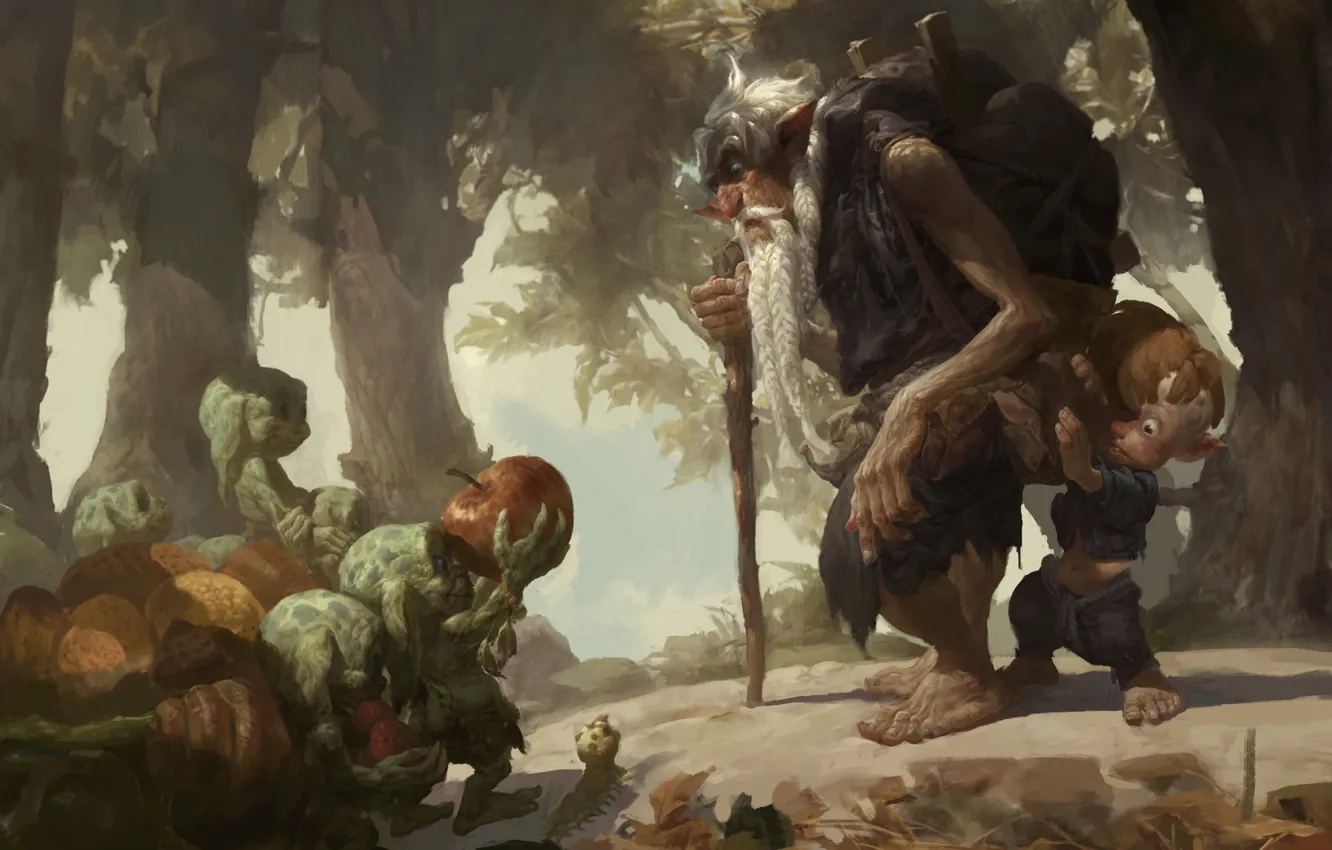 Photo wallpaper forest, caterpillar, children, apples, boy, art, the old man, backpack