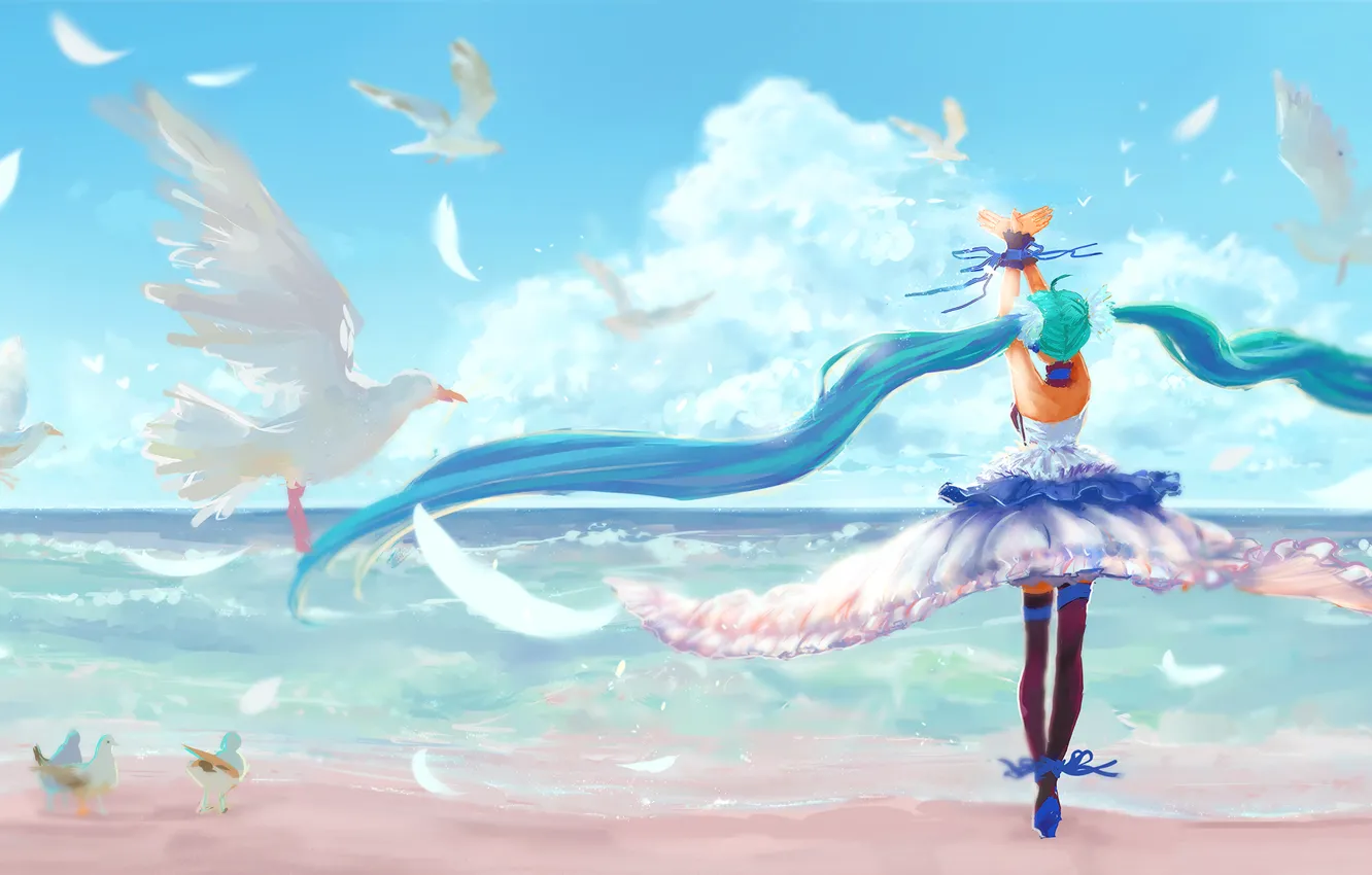 Photo wallpaper the sky, girl, clouds, landscape, birds, the ocean, shore, anime