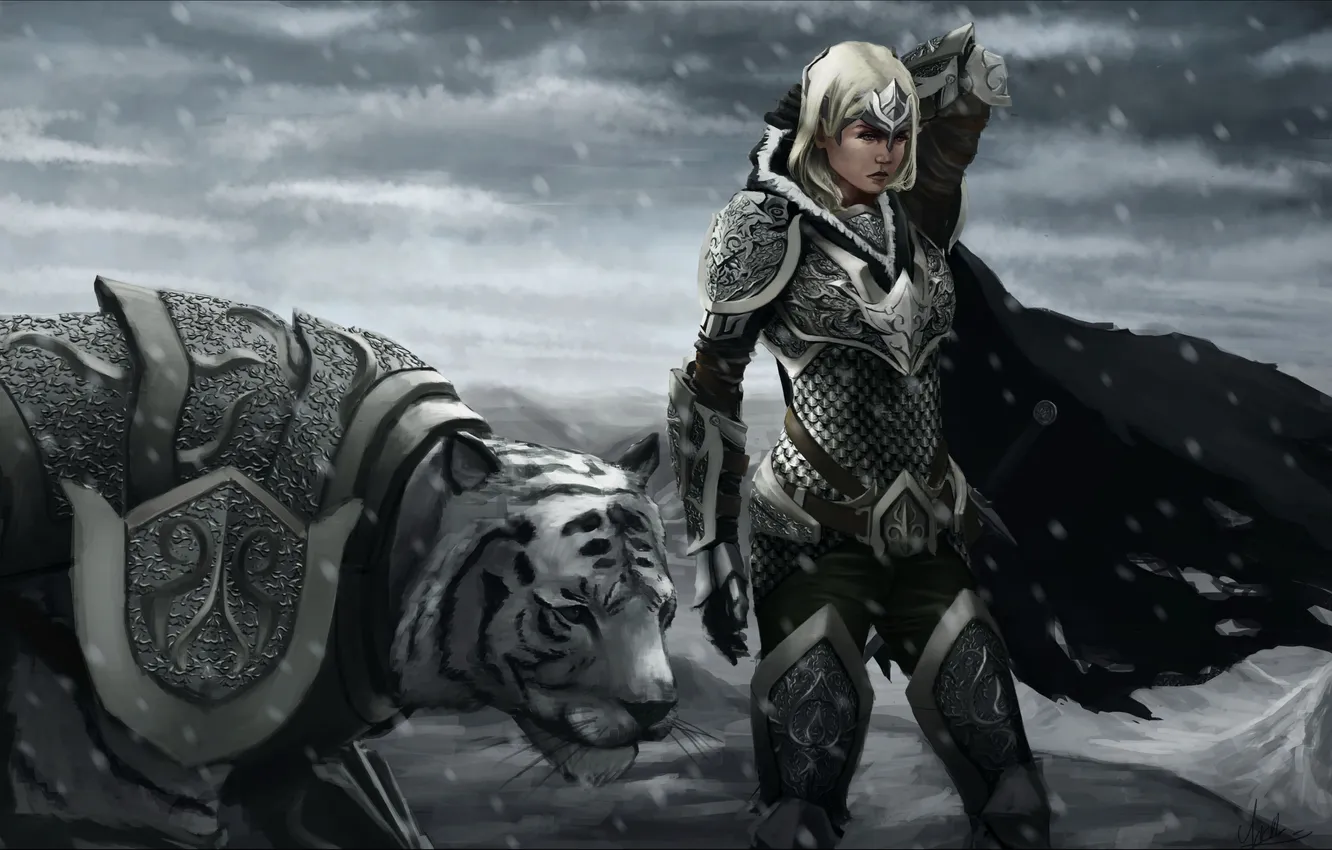 Photo wallpaper cold, white, girl, snow, tiger, the wind, art, cloak