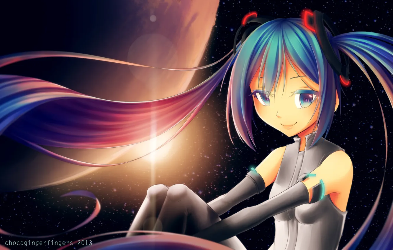 Photo wallpaper girl, space, stars, smile, art, vocaloid, hatsune miku, Vocaloid
