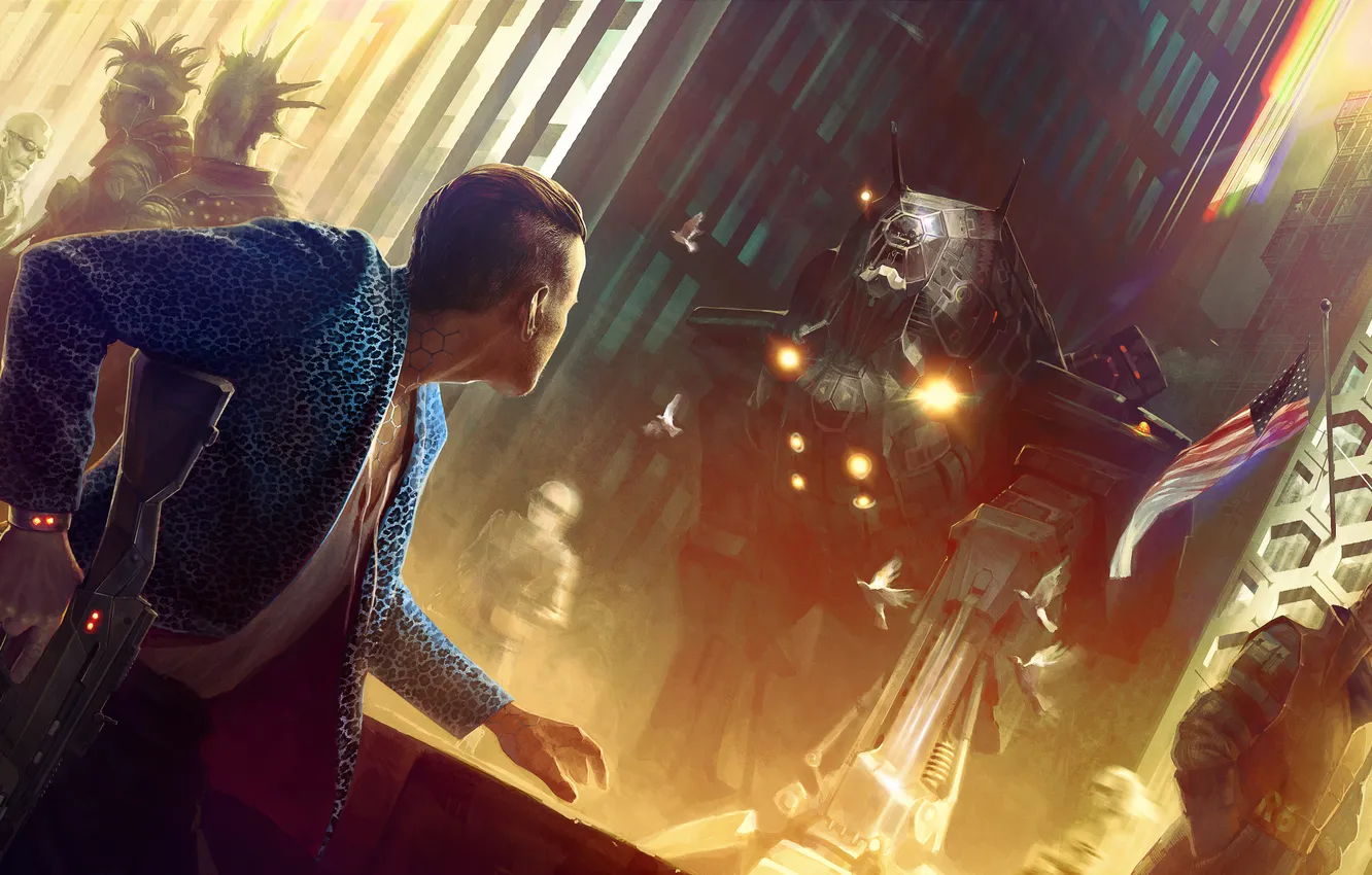 Photo wallpaper future, weapons, people, robot, home, flag, art, soldiers