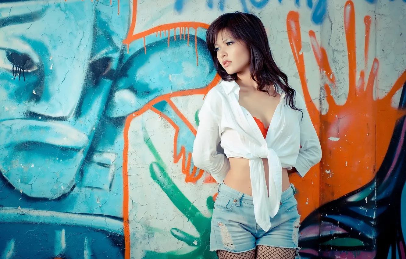 Photo wallpaper girl, background, wall, Asian