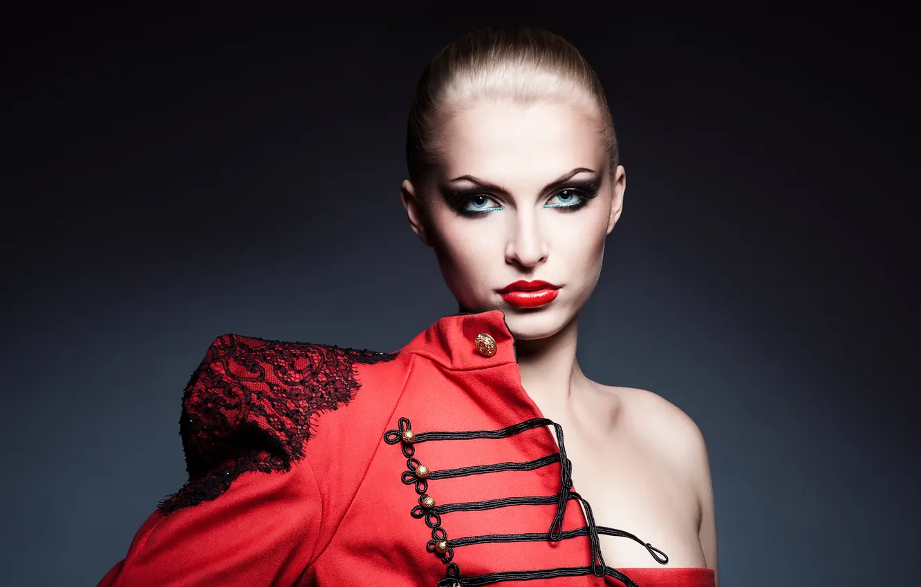 Photo wallpaper girl, red, lips, jacket, blue eyes, grey background