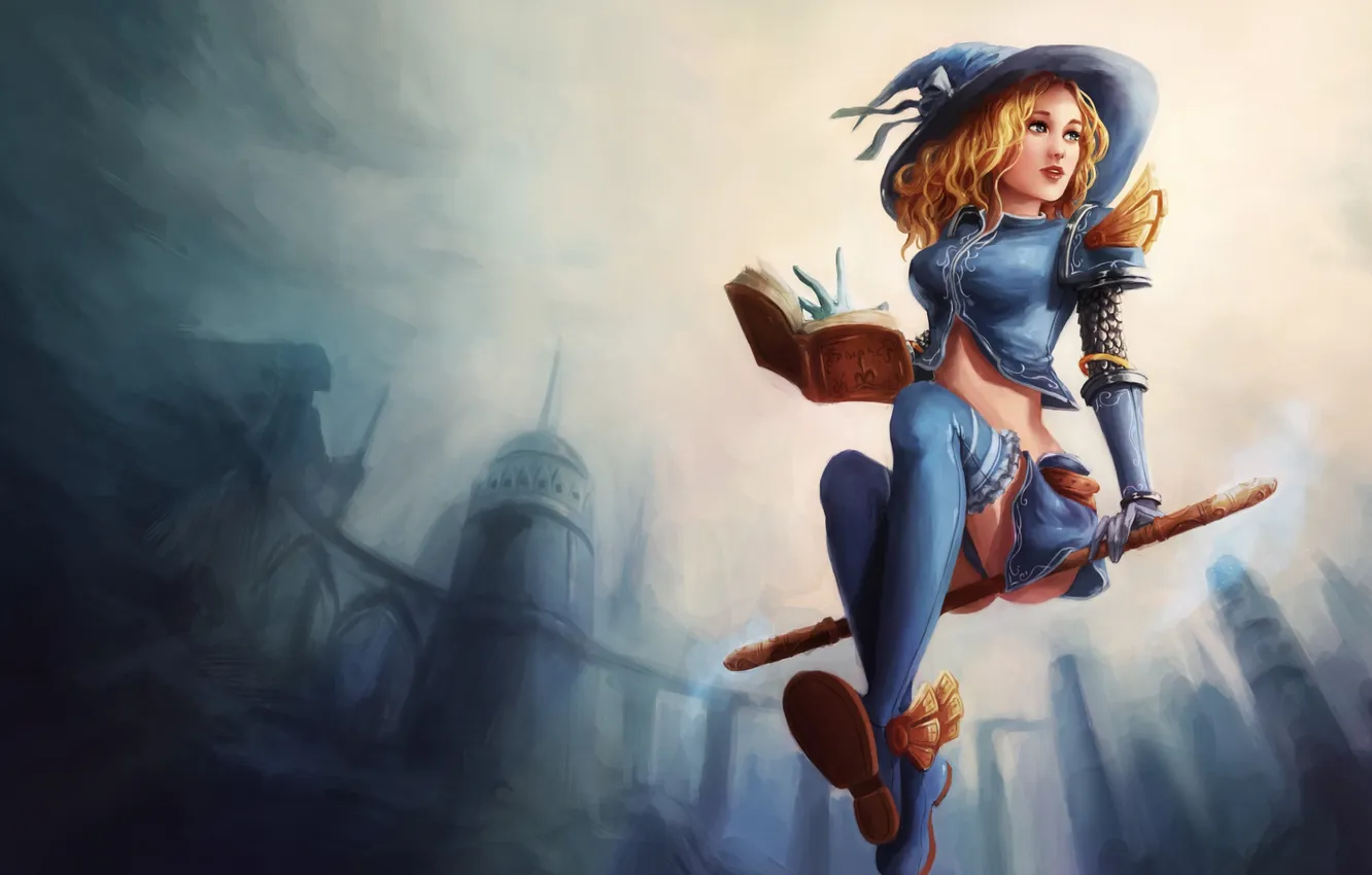 Photo wallpaper sexy, hat, Lux, book, blonde, witch, League Of Legends, magic stick
