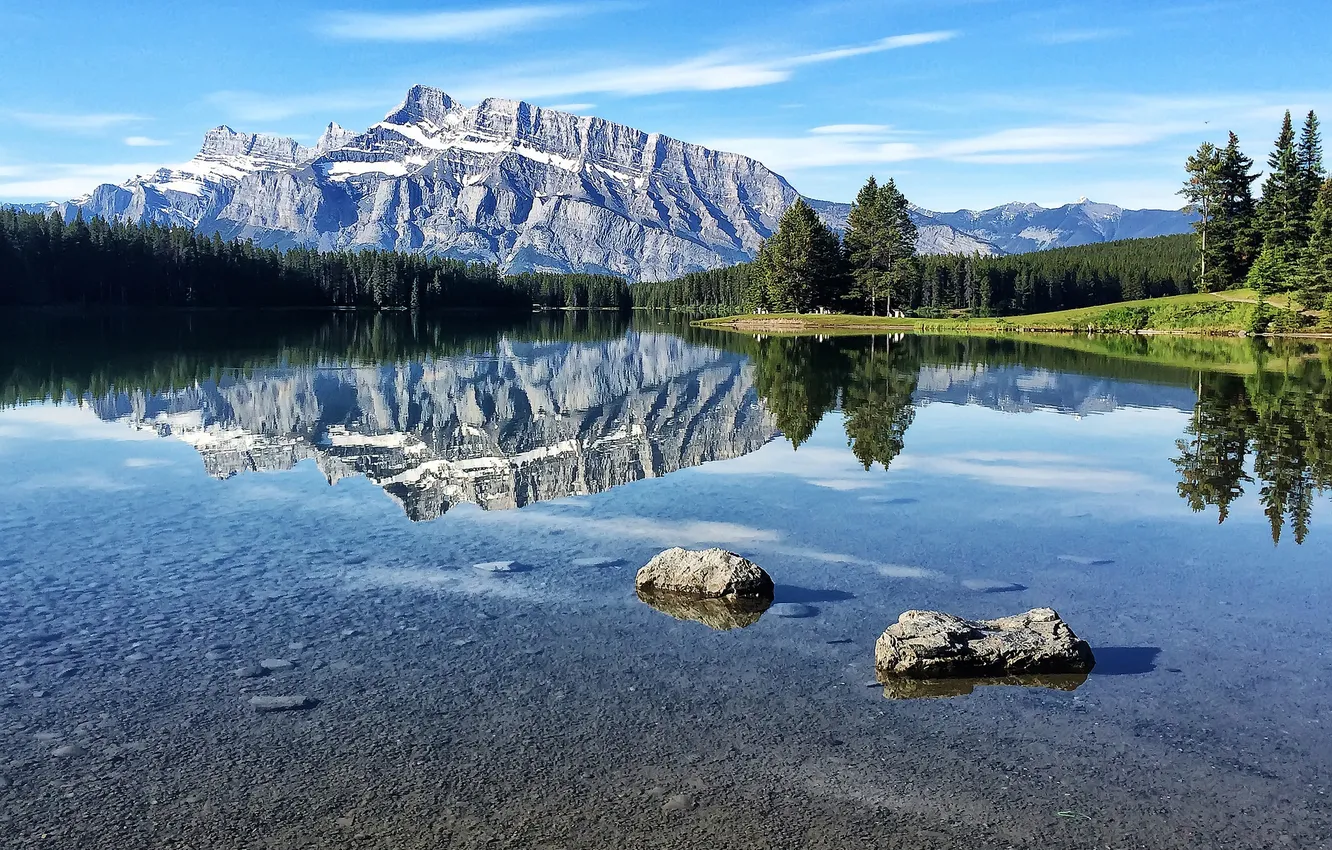 Photo wallpaper forest, the sky, trees, mountains, lake, reflection, stones