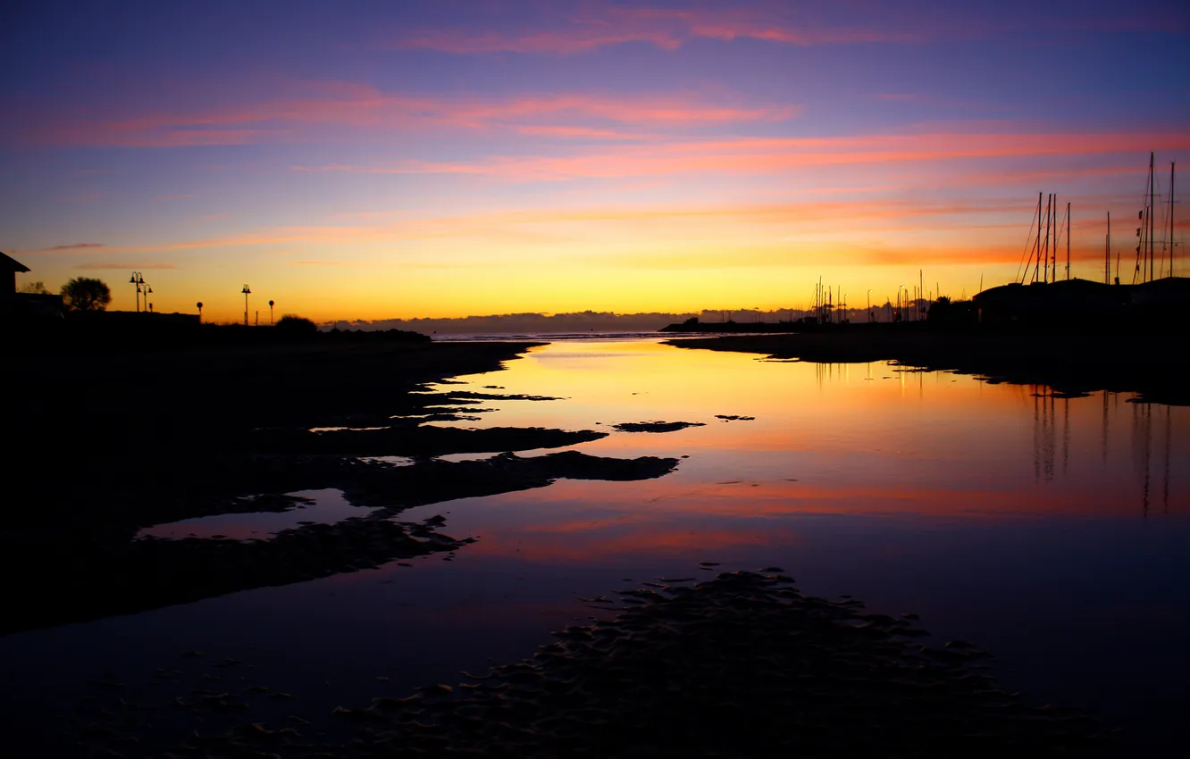 Photo wallpaper sea, sunset, night, boat