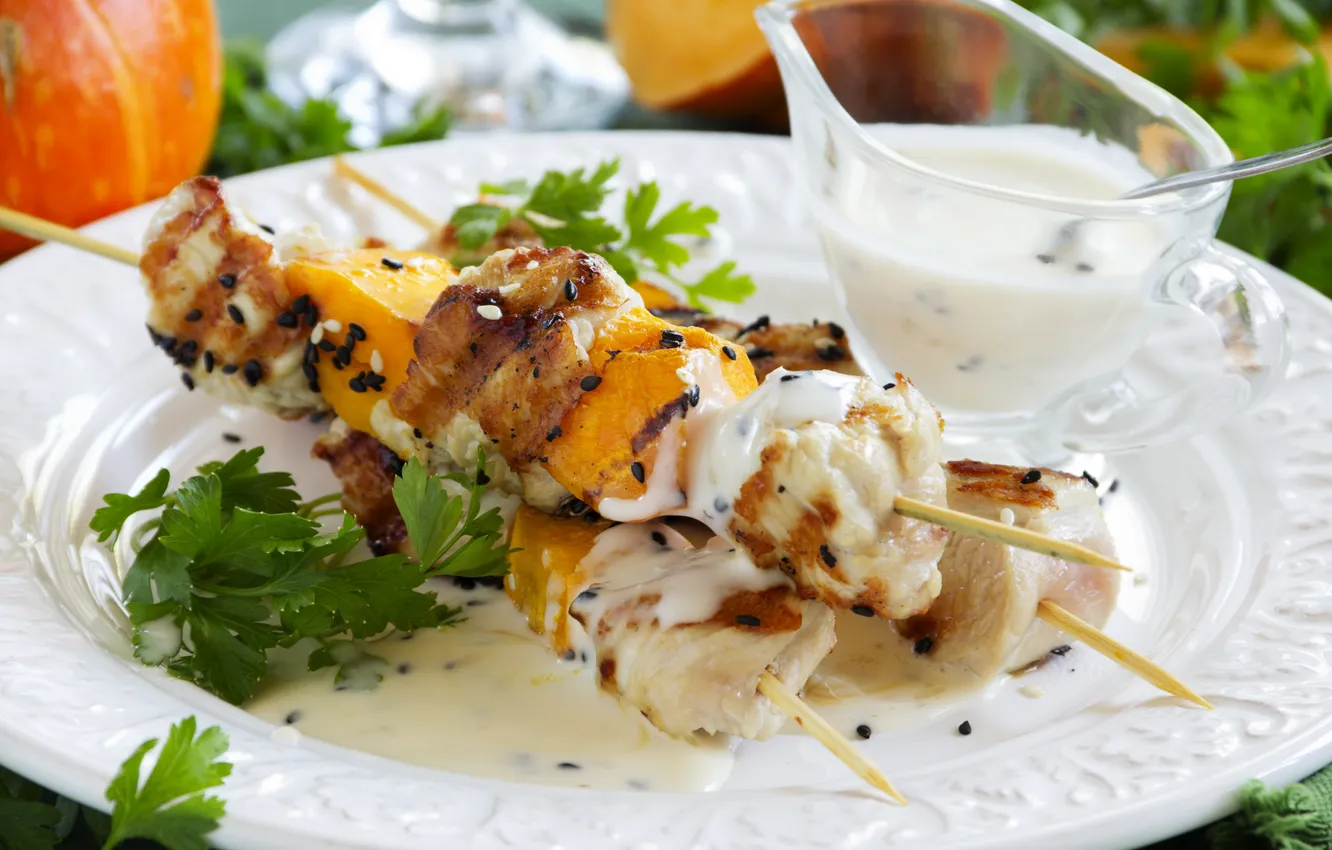 Photo wallpaper greens, sauce, kebab