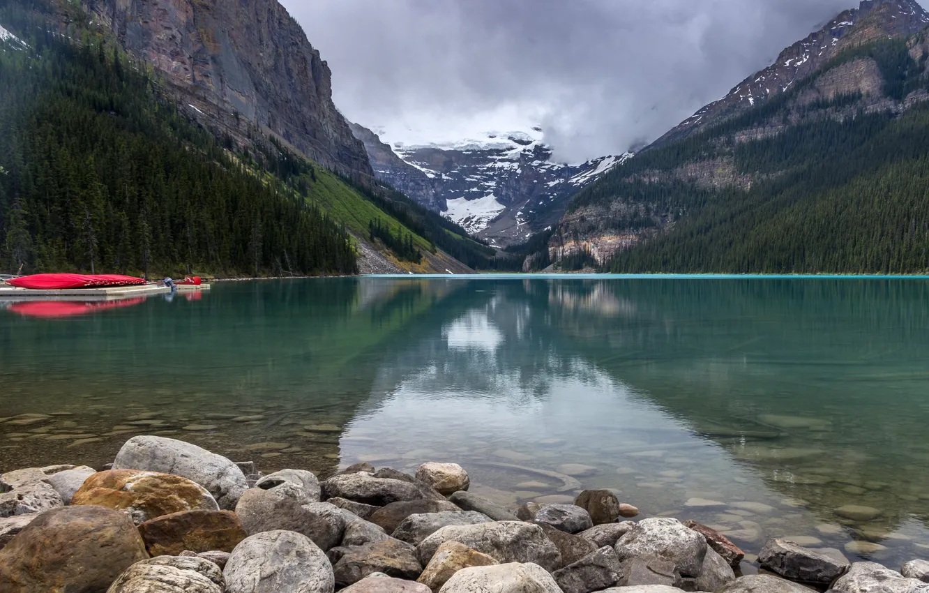 Photo wallpaper forest, clouds, trees, mountains, lake, stones, rocks, boat