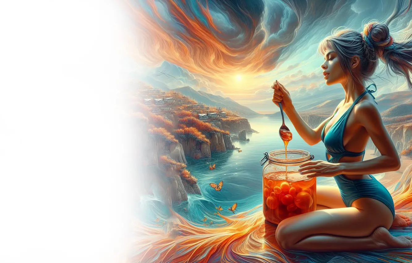 Photo wallpaper girl, landscape, lake, honey