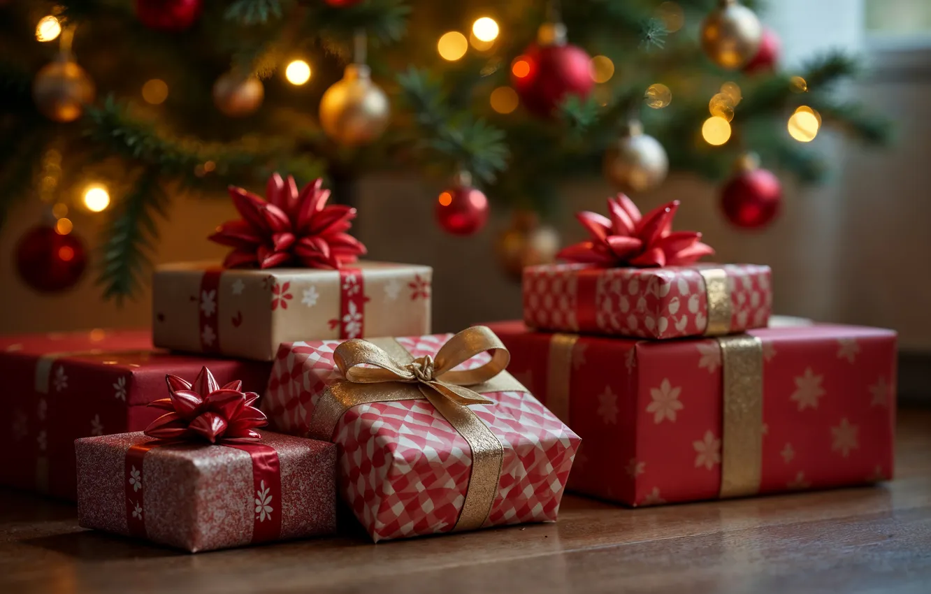 Photo wallpaper decoration, gift, tree, new year, Christmas, Christmas, tree, celebration