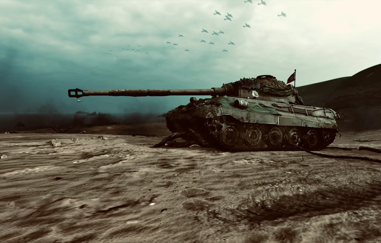 Photo wallpaper HDR, game, beach, ocean, tiger, clouds, WoT, tank
