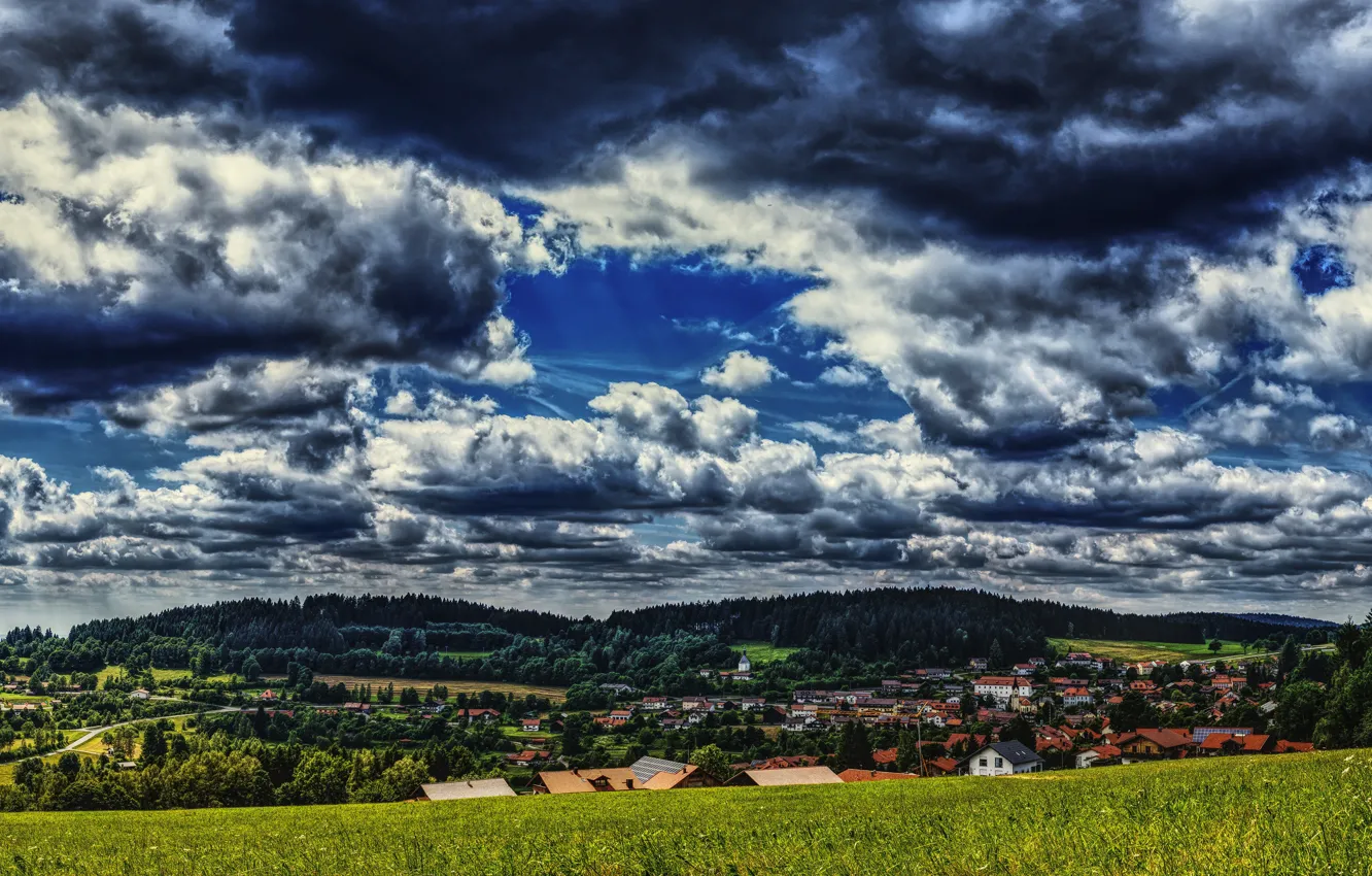 Photo wallpaper greens, field, forest, the sky, grass, clouds, trees, home