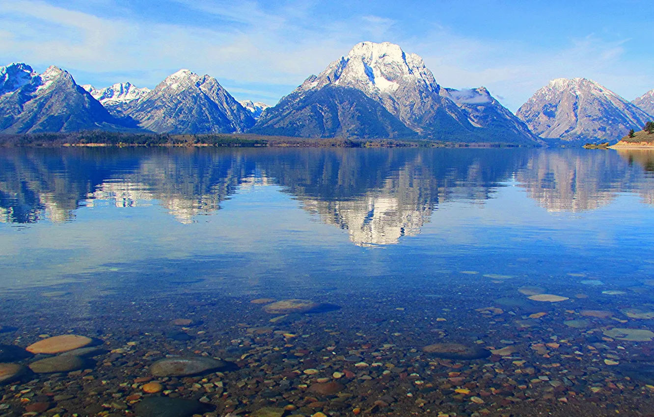 Photo wallpaper the sky, mountains, lake, stones, Wyoming, USA, Grand Teton National Park