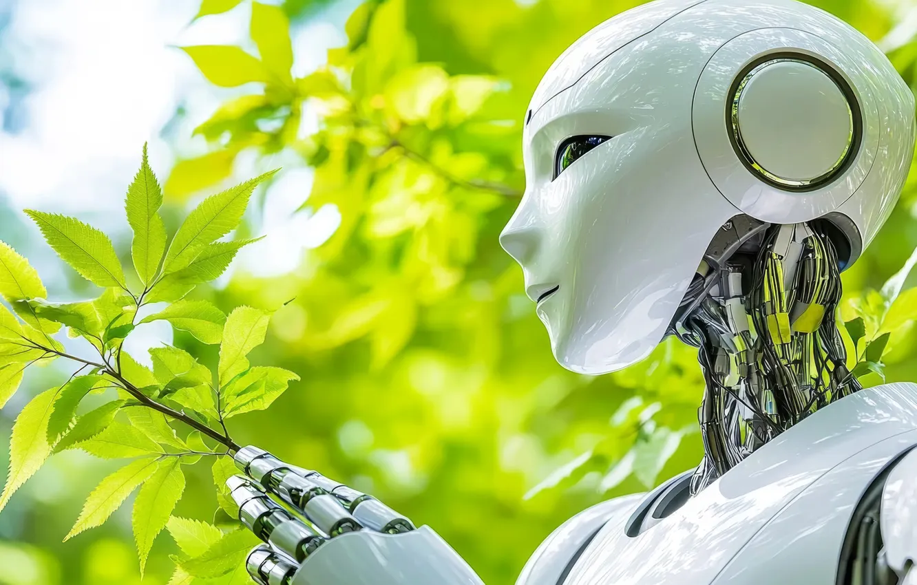 Photo wallpaper robot, autumn, leaves, hi-tech, cyborg