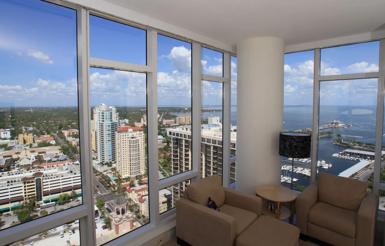 Photo wallpaper design, style, interior, skyscrapers, living room, city apartment, view of the marina