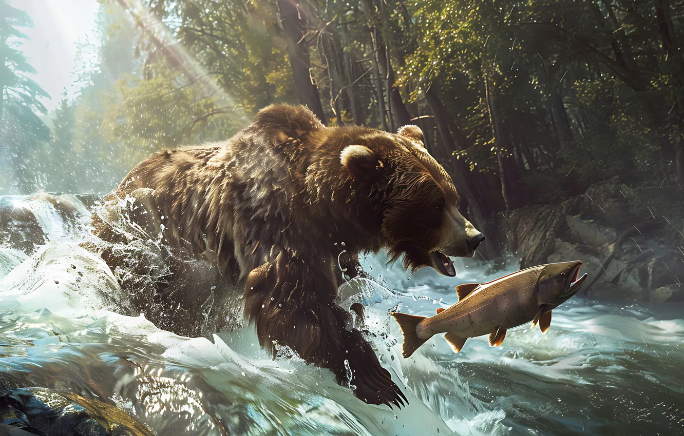 Photo wallpaper Water, Trees, Fish, Bear, Predator, River, Digital art, Fishing