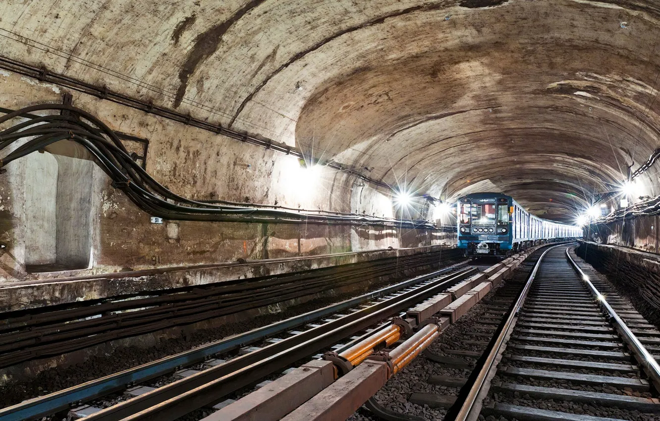 Photo wallpaper metro, rails, sleepers, tunnel, subway, WIRE, LIGHT, LAMP