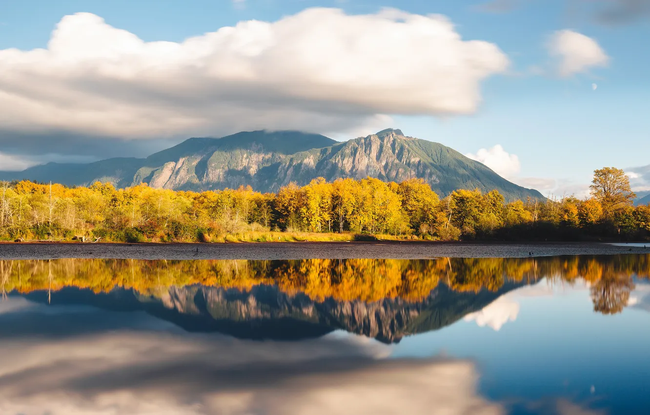 Photo wallpaper autumn, forest, clouds, trees, landscape, mountains, yellow, lake