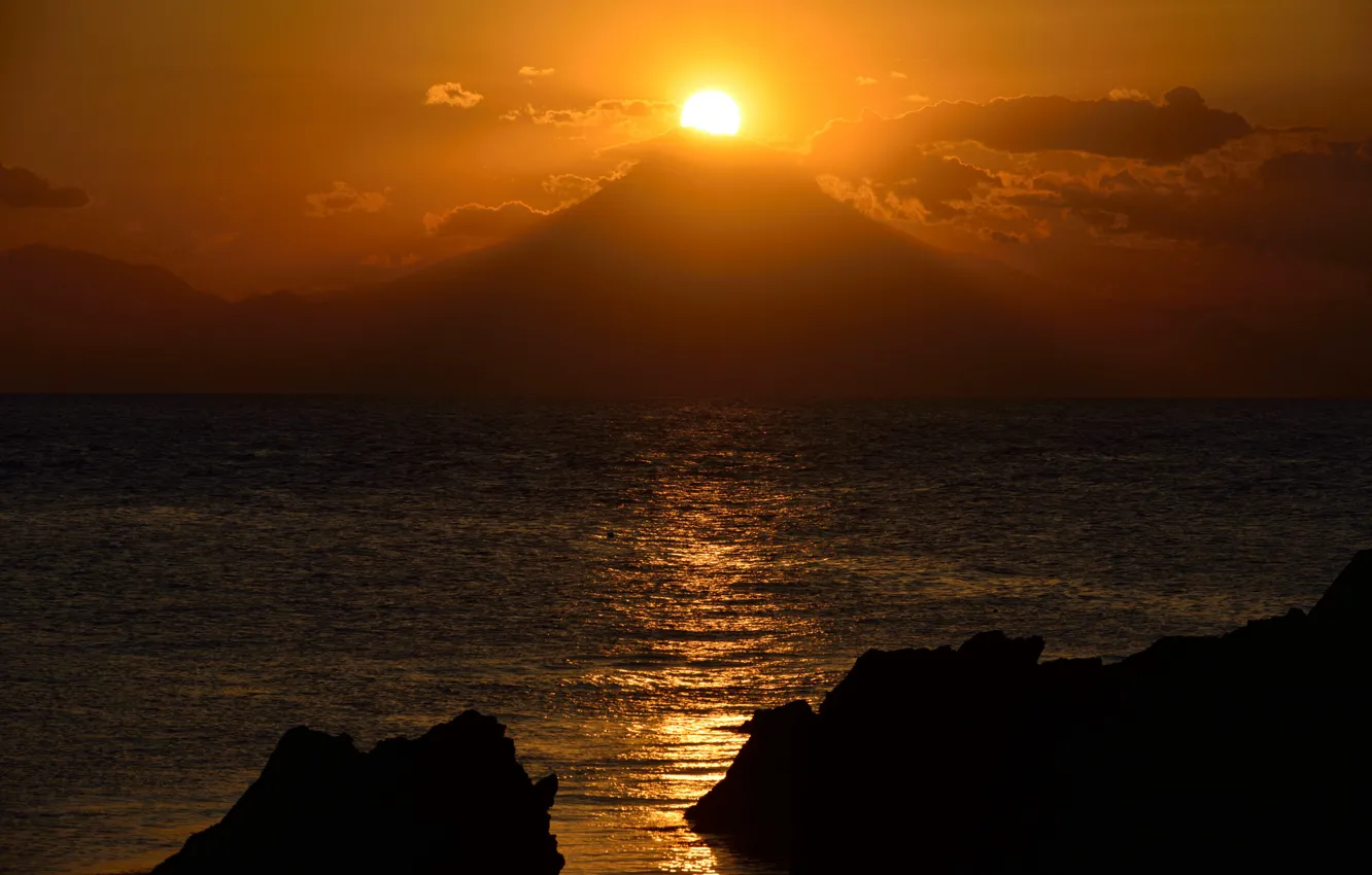 Photo wallpaper the sun, sunset, lake, rocks, mountain, Fuji