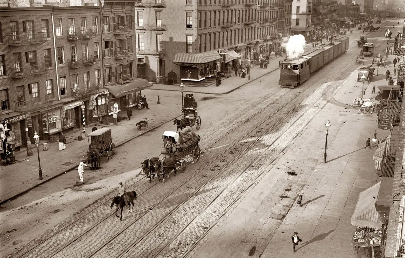 Photo wallpaper retro, street, rails, train, wagon, USA, New York