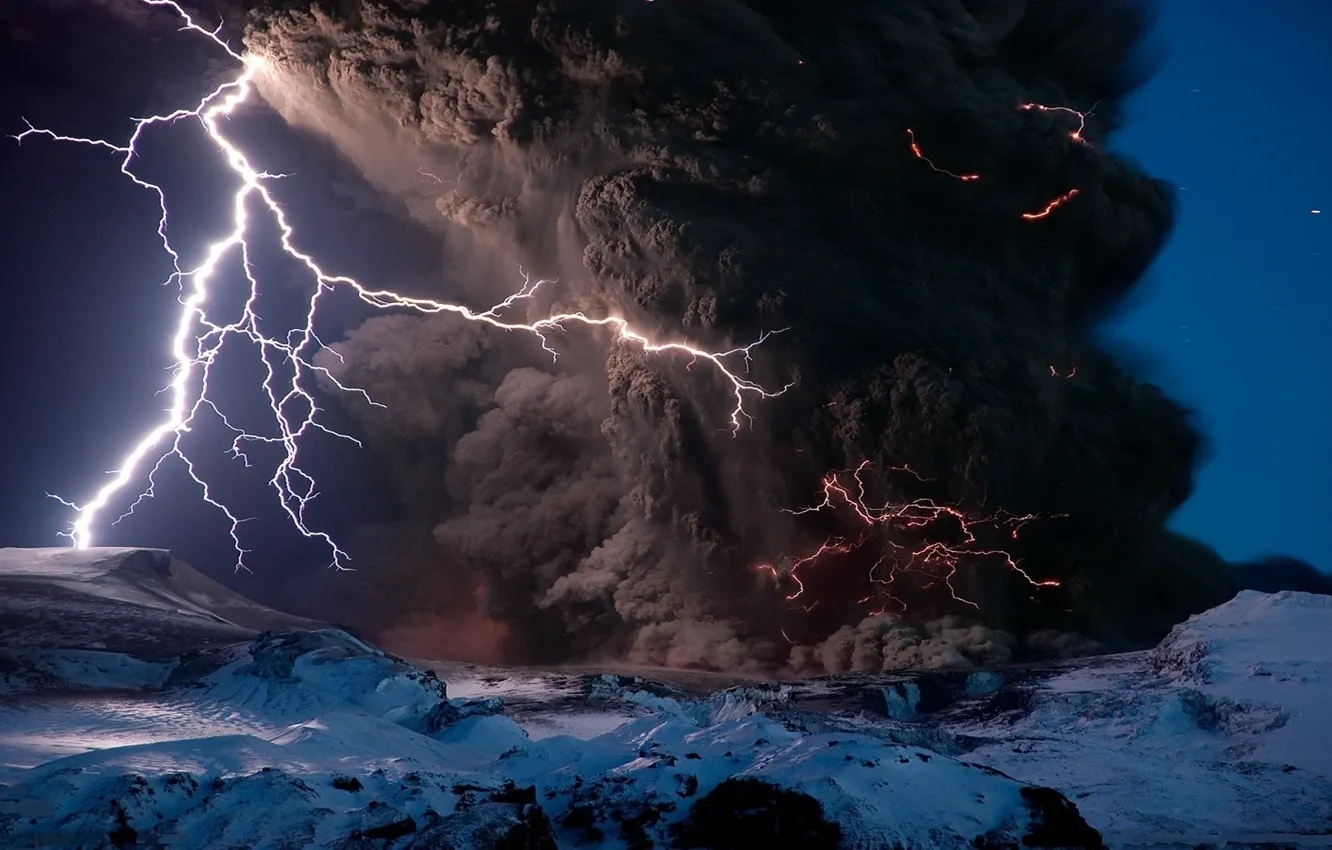 Photo wallpaper the storm, ash, element, lightning, the volcano