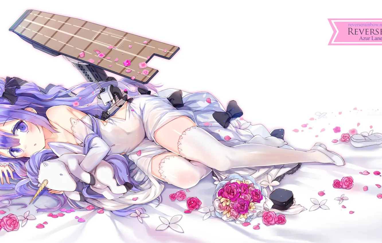 Photo wallpaper flowers, roses, bouquet, petals, unicorn, girl, Azur Lane