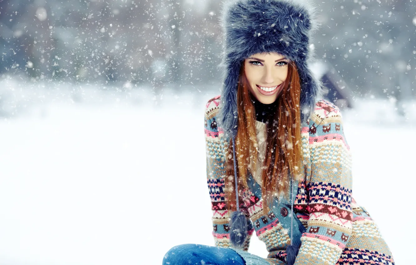 Photo wallpaper winter, look, girl, snow, joy, smile, hat, brown hair