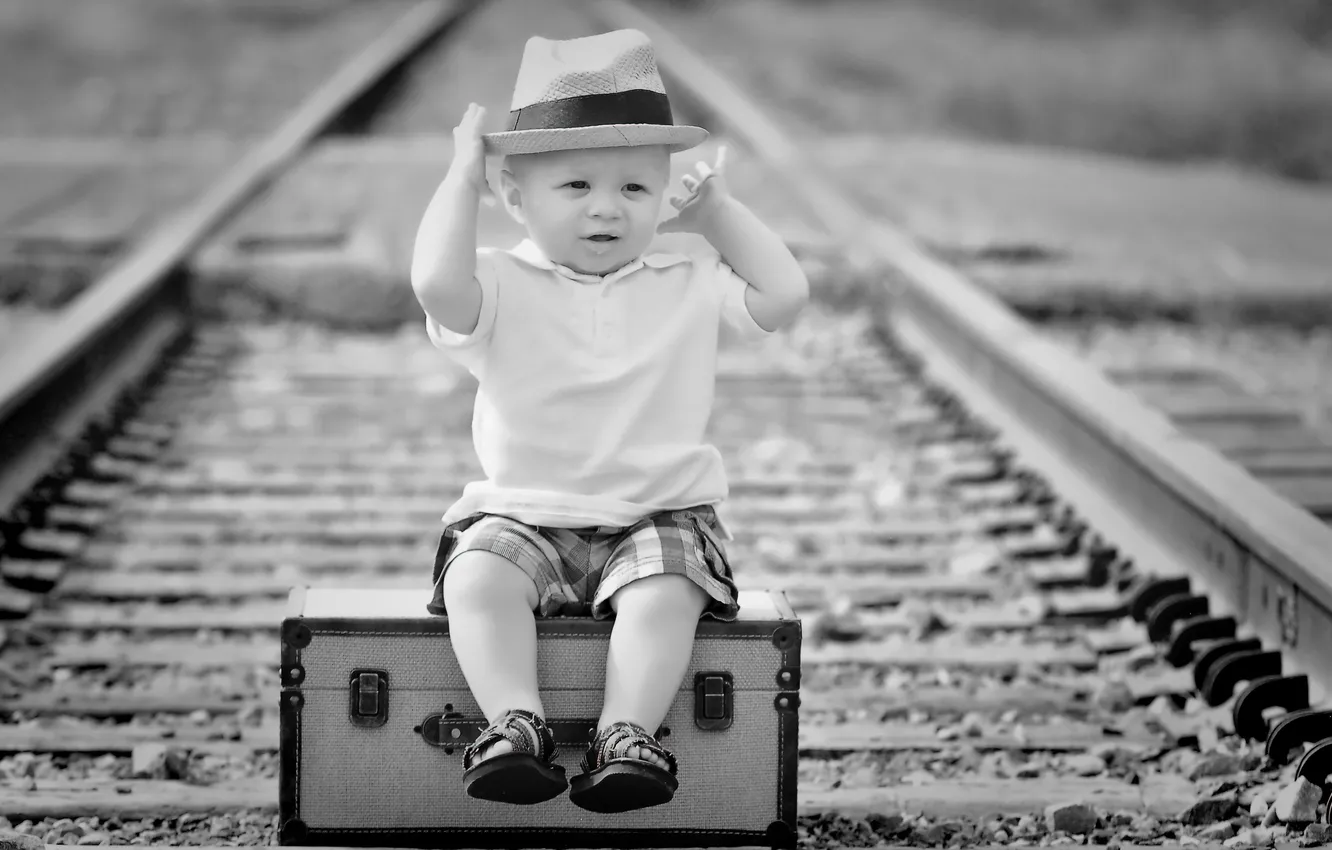 Photo wallpaper mood, boy, railroad, suitcase