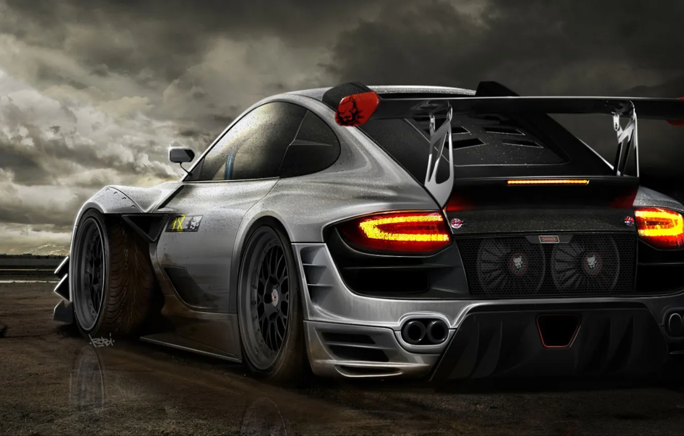 Photo wallpaper road, the storm, clouds, lights, figure, puddle