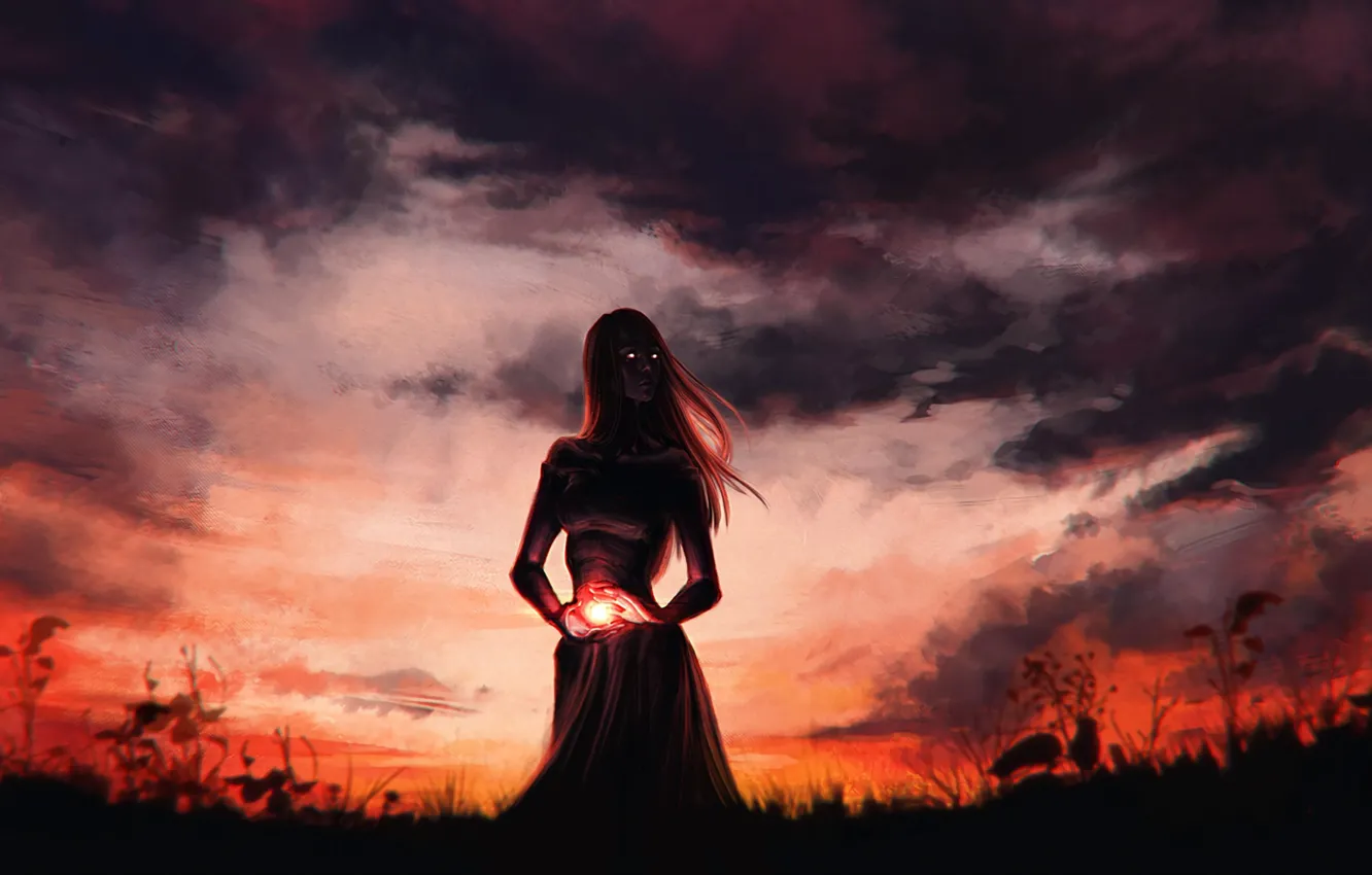 Photo wallpaper Sunset, The sky, Girl, Magic, Witch, Illustration, Aleksandra Alekseeva, by Aleksandra Alekseeva