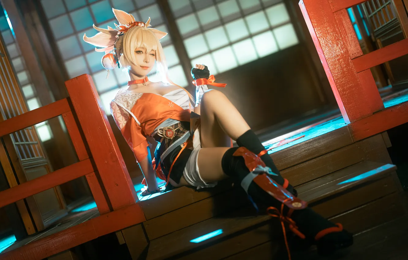 Photo wallpaper model, women, cosplay, asian, Genshin Impact, Yoimiya, Chun Momo