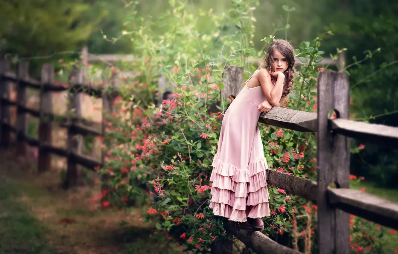 Photo wallpaper flowers, the fence, dress, girl, child