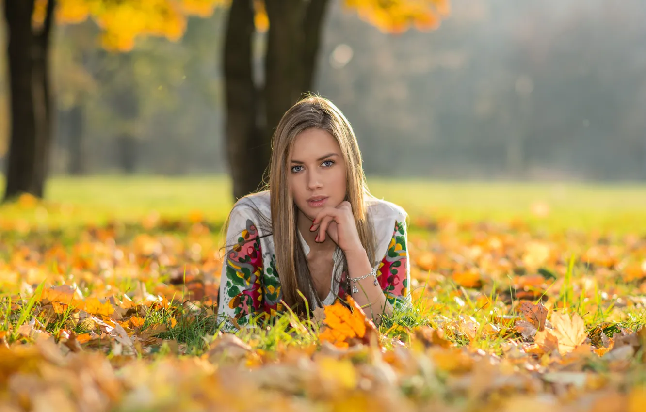 Photo wallpaper autumn, look, girl, nature, face, hair, beauty