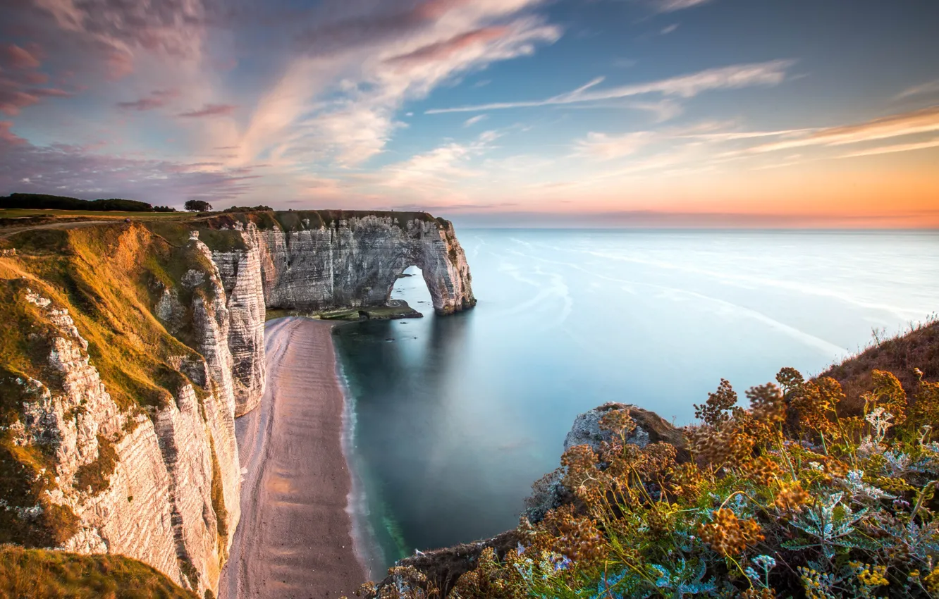 Photo wallpaper sea, the sky, sunset, nature, rocks, shore, France, height