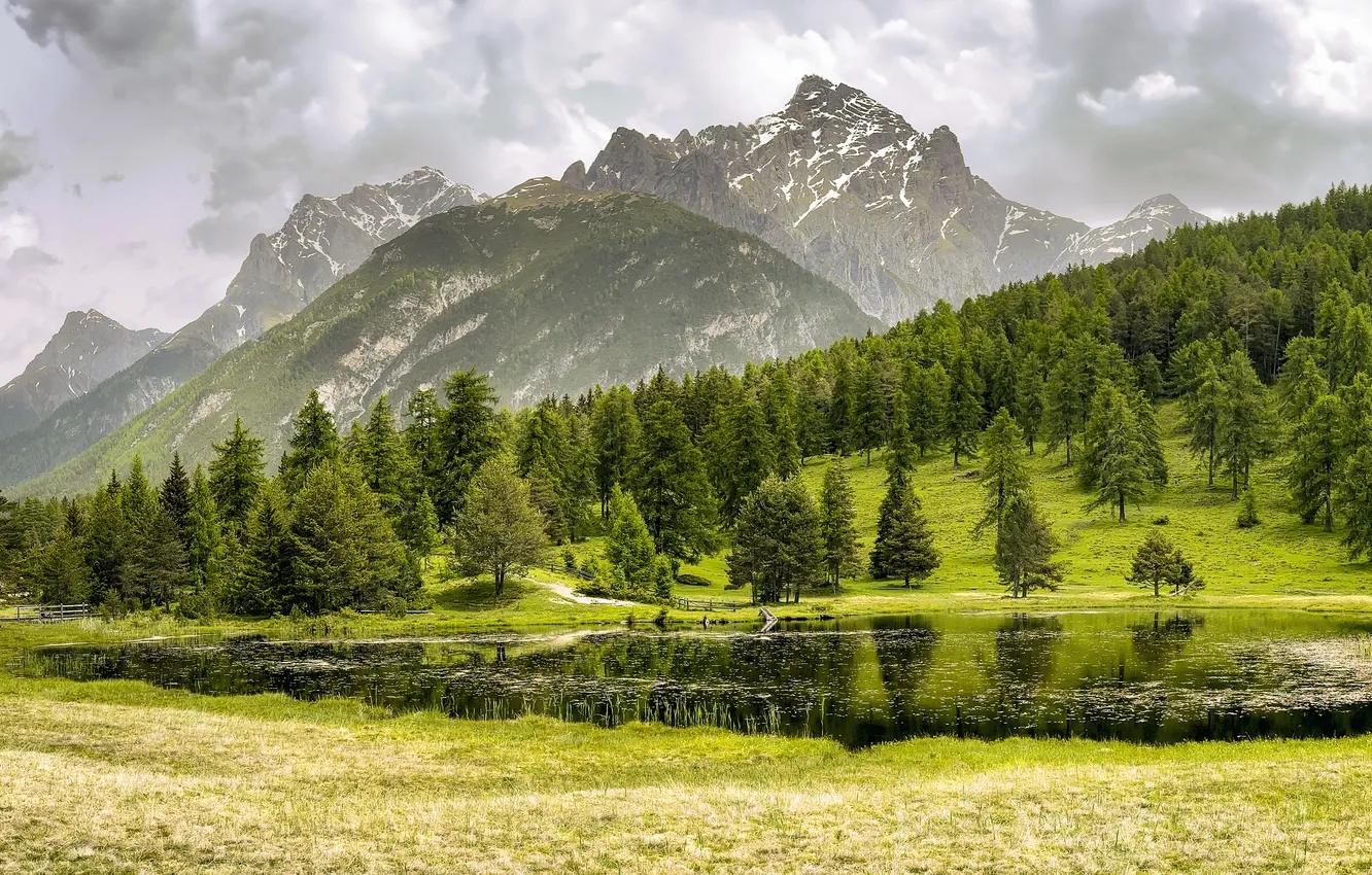 Photo wallpaper lake, water, mountains, the sky, river, forest