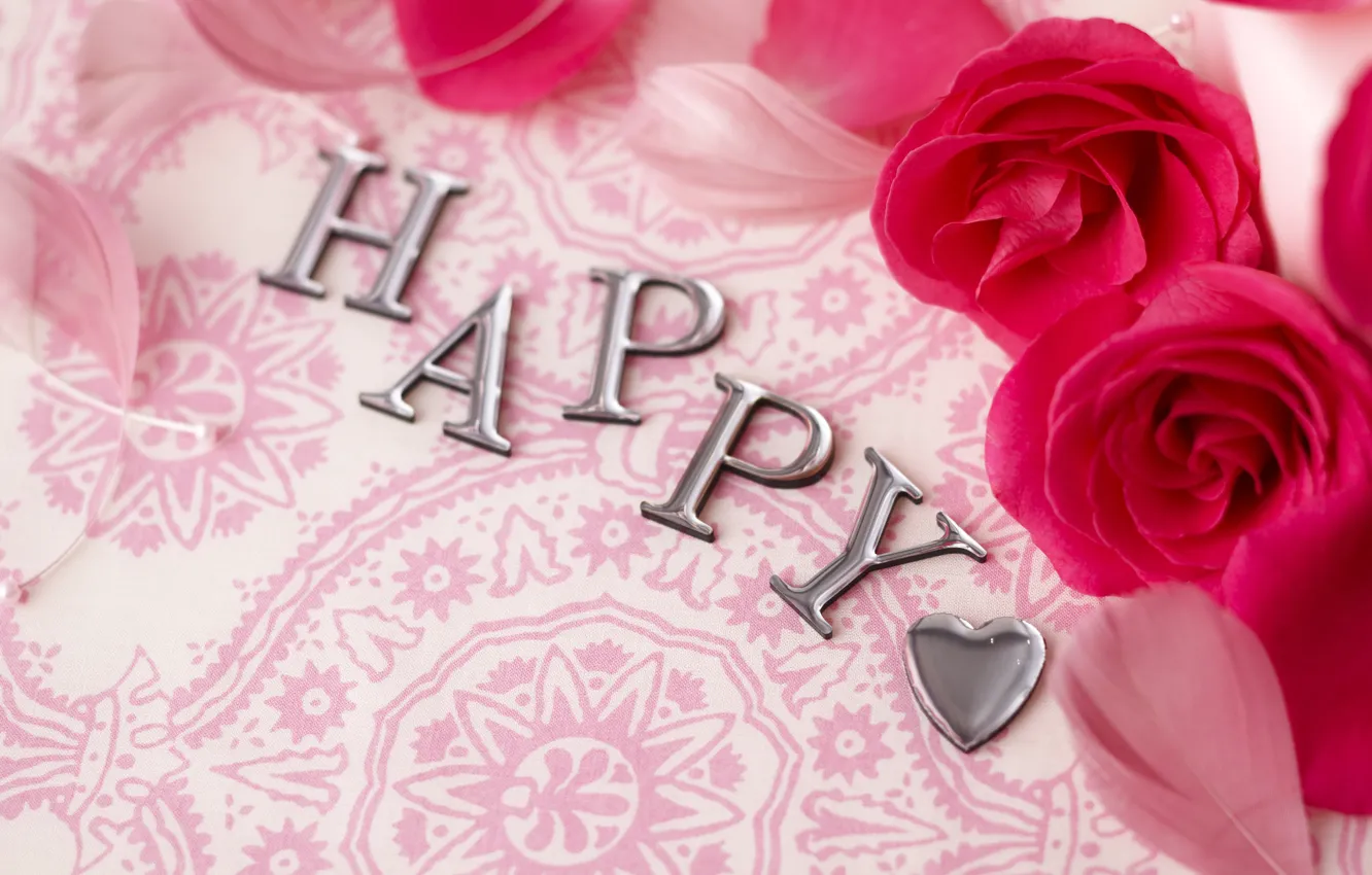 Photo wallpaper happiness, heart, roses, feathers, happy, heart