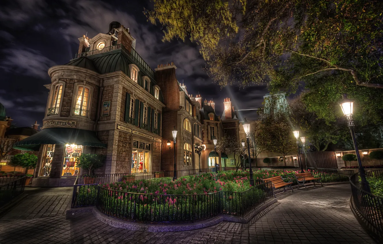 Photo wallpaper the sky, clouds, trees, flowers, night, lights, home, lights