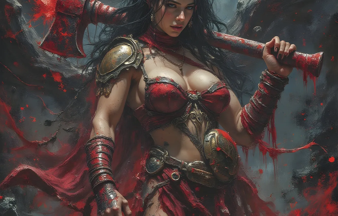Photo wallpaper neural network, pose, axe, AI art, warrior, figure, brunette, fantasy