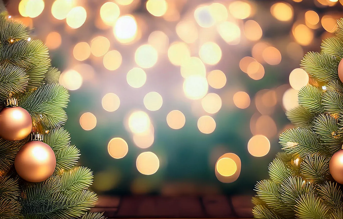 Photo wallpaper balls, branches, lights, new year, Christmas, gold, garland, herringbone