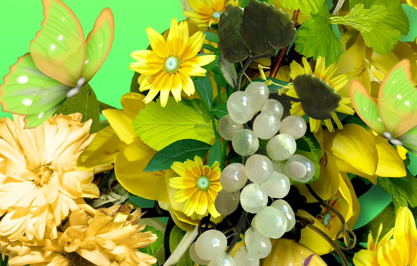 Photo wallpaper leaves, flowers, collage, butterfly, petals, grapes, vine