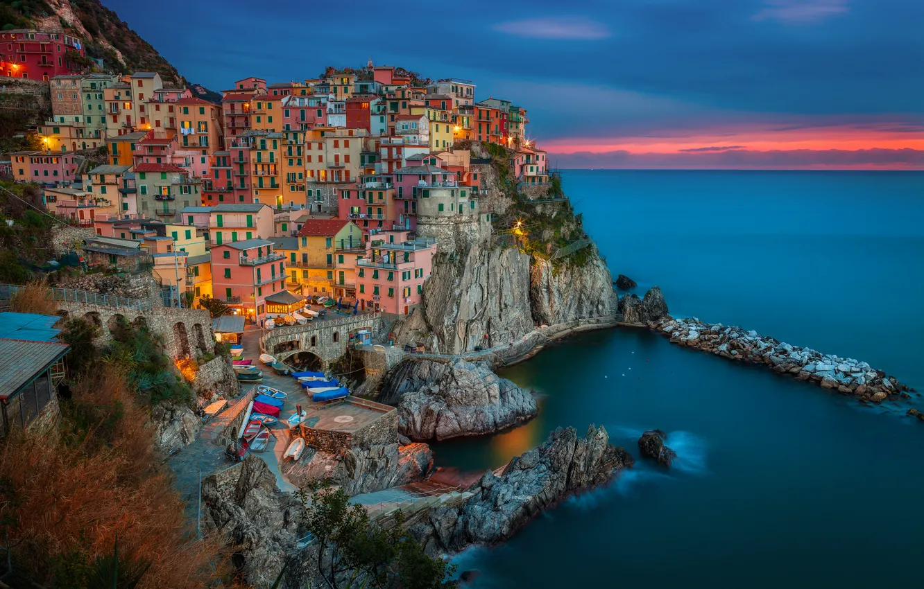 Photo wallpaper landscape, sunset, nature, the city, stones, rocks, shore, coast