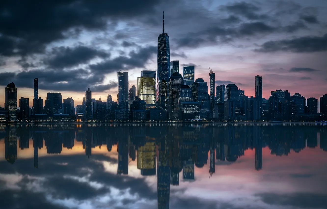 Photo wallpaper world, New York City, dusk, reflection, skyscrapers, Hudson River, urban, cityscape