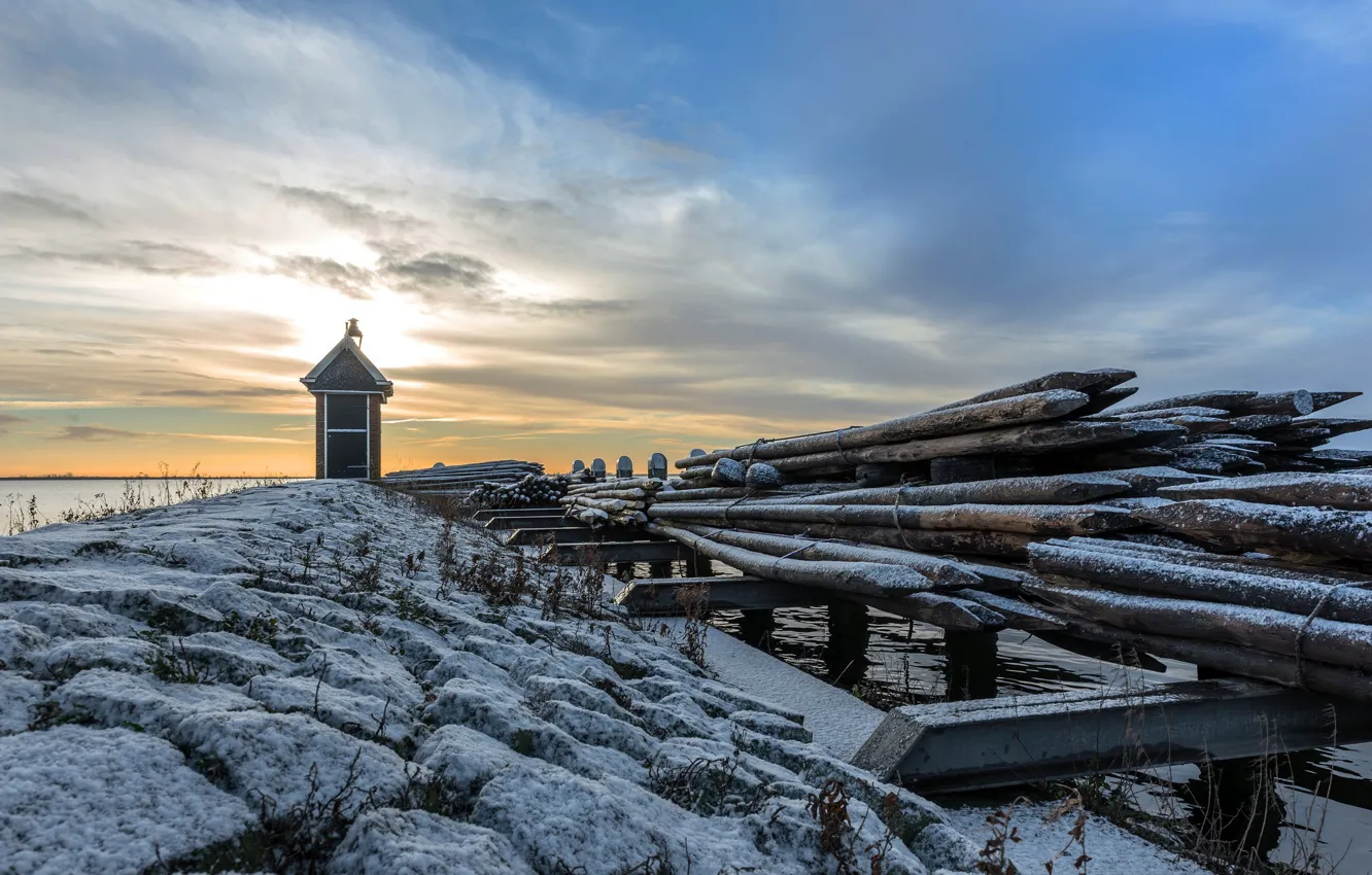 Photo wallpaper winter, sea, shore, log