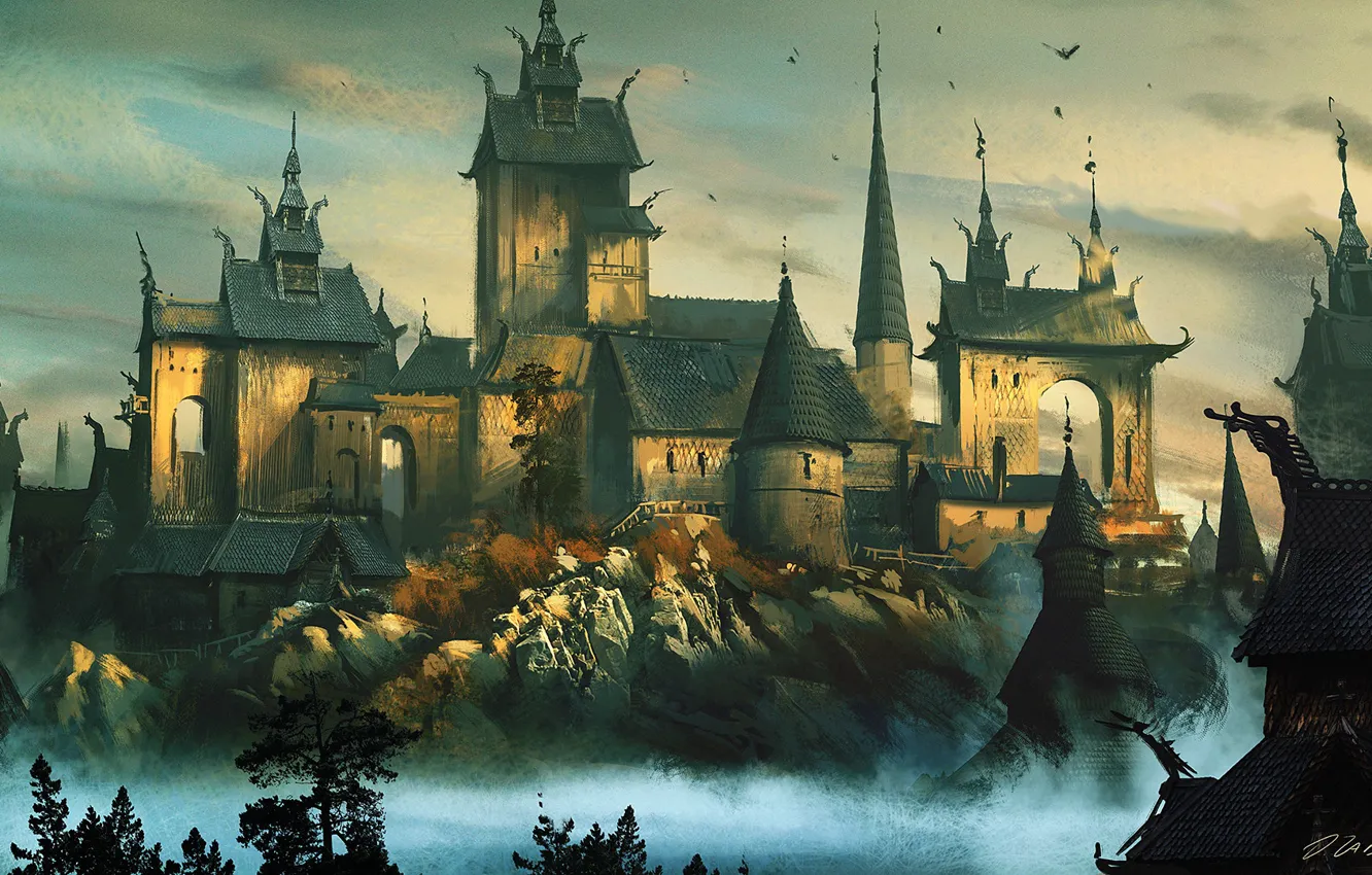 Photo wallpaper trees, castle, bird, tower, Viking Fortress